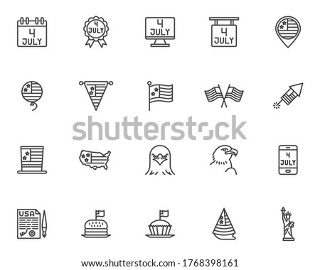 Independence day line icons set. linear style symbols collection, outline signs pack. vector graphics. Set includes icons as USA flag, statue of liberty,  4th july calendar, United States Declaration