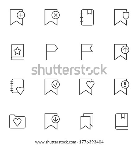 Flag bookmark line icons set, outline vector symbol collection, linear style pictogram pack. Signs, logo illustration. Set includes icons as add bookmark, favorite book, heart, star, document folder