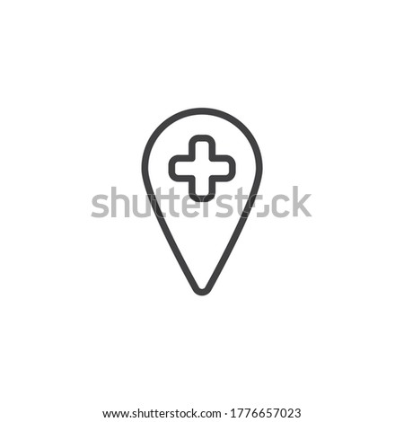 Hospital location placeholder line icon. linear style sign for mobile concept and web design. Map marker with medical cross outline vector icon. Symbol, logo illustration. Vector graphics