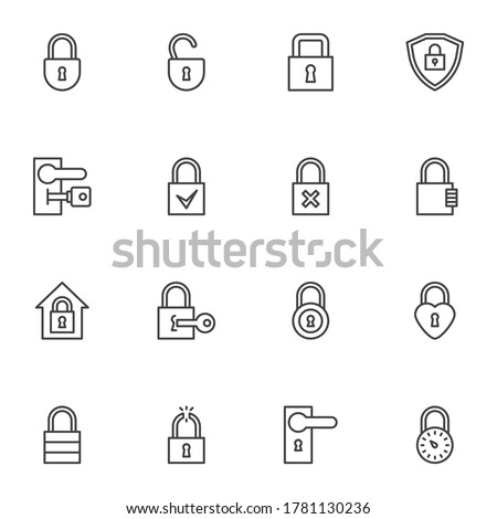 Security lock line icons set, outline vector symbol collection, linear style pictogram pack. Signs, logo illustration. Set includes icons as closed and open padlock, key, door handle