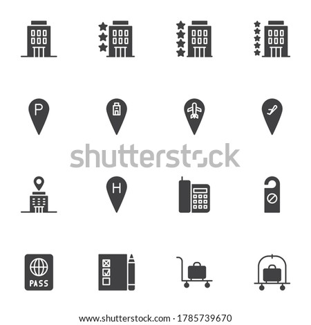 Hotel service vector icons set, modern solid symbol collection, filled style pictogram pack. Signs logo illustration. Set includes icons as hotel star rating, airport location, do not disturb, baggage