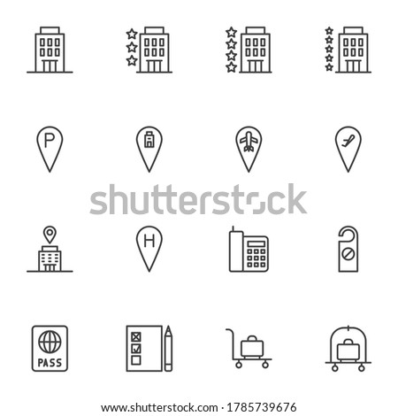 Hotel service line icons set, outline vector symbol collection, linear style pictogram pack. Signs logo illustration. Set includes icons as hotel star rating, airport location, do not disturb, baggage
