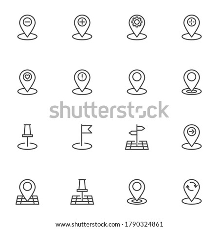 Location pin line icons set, outline vector symbol collection, linear style pictogram pack. Signs, logo illustration. Set includes icons as gps navigation marker, map pointer, favorite place position