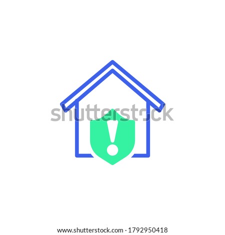 Home protection shield warning icon vector, filled flat sign, home security warning bicolor pictogram, green and blue colors. Symbol, logo illustration