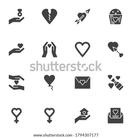 Valentine day hearts vector icons set, modern solid symbol collection, filled style pictogram pack. Signs, logo illustration. Set includes icons as charity, hand with heart, champagne bottle, greeting