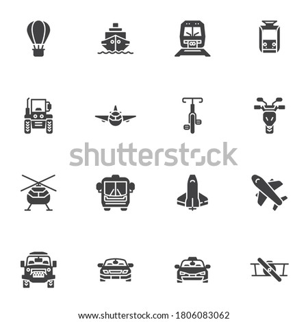 Transport front view vector icons set, modern solid symbol collection, filled style pictogram pack. Signs, logo illustration. Set includes icons as airplane, railway train, bicycle, motorcycle, car