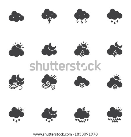 Weather cloud vector icons set, modern solid symbol collection, filled style pictogram pack. Signs, logo illustration. Set includes icons as stormy weather, sunny, rain, snow, shower, night moon, sun
