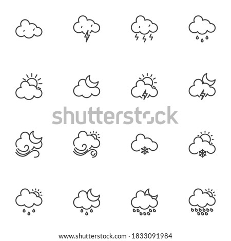 Weather cloud line icons set, outline vector symbol collection, linear style pictogram pack. Signs, logo illustration. Set includes icons as stormy weather, sunny, rain, snow, shower, night moon, sun