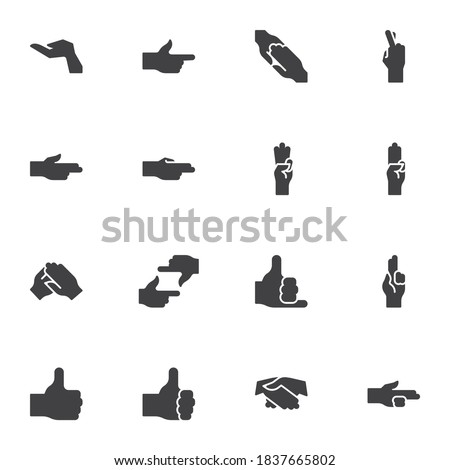 Hand gestures vector icons set, modern solid symbol collection, filled style pictogram pack. Signs, logo illustration. Set includes icons as index, thumb up, three finger up, framing hands, handshake