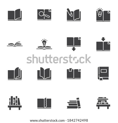 Book vector icons set, modern solid symbol collection, filled style pictogram pack. Signs, logo illustration. Set includes icons as bookshelf with stacked books, reading, writing, ebook download
