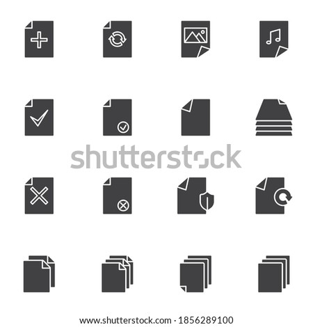 Document files vector icons set, modern solid symbol collection, filled style pictogram pack. Signs, logo illustration. Set includes icons as add file, media gallery, music folder, protection shield