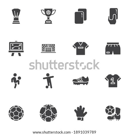 Soccer, football vector icons set, modern solid symbol collection, filled style pictogram pack. Signs, logo illustration. Set includes icons as award cup, referee penalty card, soccer player, ball