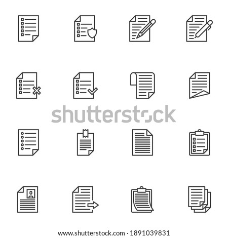 Paper document line icons set, outline vector symbol collection, linear style pictogram pack. Signs, logo illustration. Set includes icons as report, wish list, cv resume, paper clipboard, task list