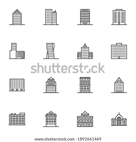 City buildings line icons set, outline vector symbol collection, linear style pictogram pack. Signs, logo illustration. Set includes icons as real estate, residential building, skyscraper office, home