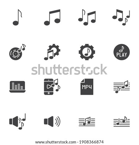 Sound and music vector icons set, modern solid symbol collection, filled style pictogram pack. Signs, logo illustration. Set includes icons as musical note, music play, audio sound volume, loudspeaker