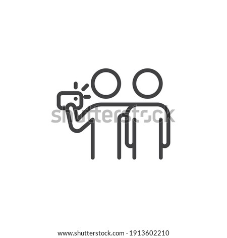 Two man taking selfie photo line icon. linear style sign for mobile concept and web design. Friends making selfie outline vector icon. Symbol, logo illustration. Vector graphics