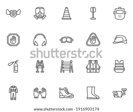 Safety workwear line icons set. Mandatory linear style symbols collection, outline signs pack. Protective clothing vector graphics. Set includes icons as safety helmet, work shoes, face mask, coverall