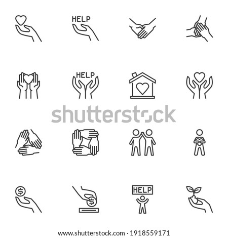 Charity and volunteer line icons set, outline vector symbol collection, linear style pictogram pack. Signs, logo illustration. Set includes icons as hand with heart, friendship, money donation, help