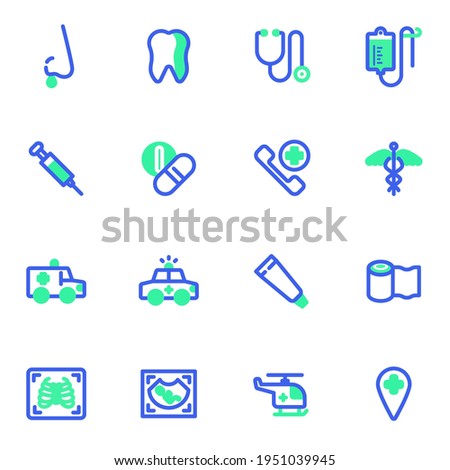 Medical service vector icons set, modern solid bicolor symbol collection, filled style pictogram pack. Signs, logo illustration. Set includes icons as medicine pills, mask, ultrasound, first aid kit