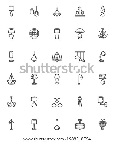 Lighting and lamps line icons set. linear style symbols collection, outline signs pack. Home  office lighting vector graphics. Set includes icons as table lamp, floor lantern, torchiere, chandelier