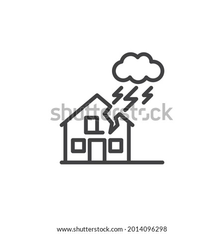 Storm damage house line icon. linear style sign for mobile concept and web design. Thunderstorm disaster outline vector icon. Symbol, logo illustration. Vector graphics