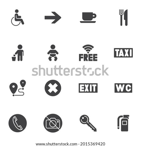 Public navigation service vector icons set, modern solid symbol collection, filled style pictogram pack. Signs, logo illustration. Set includes icons as restaurant, free wifi, taxi, exit, wc toilet