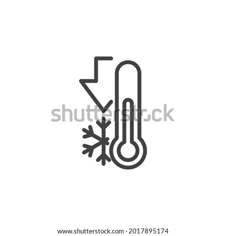 Low thermometer temperature line icon. linear style sign for mobile concept and web design. Thermometer with arrow down and snowflake outline vector icon. Symbol, logo illustration. Vector graphics