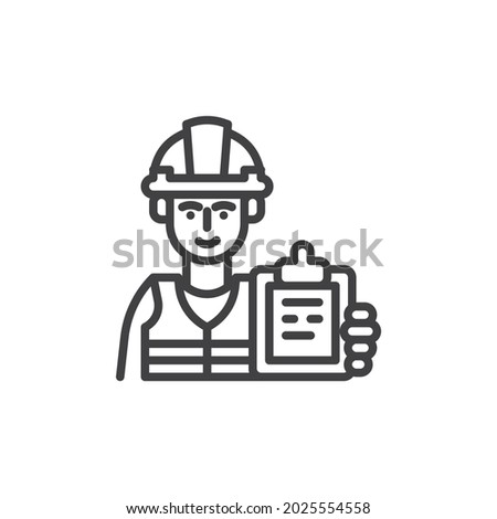 Builder man line icon. linear style sign for mobile concept and web design. Construction worker with paper clipboard outline vector icon. Symbol, logo illustration. Vector graphics