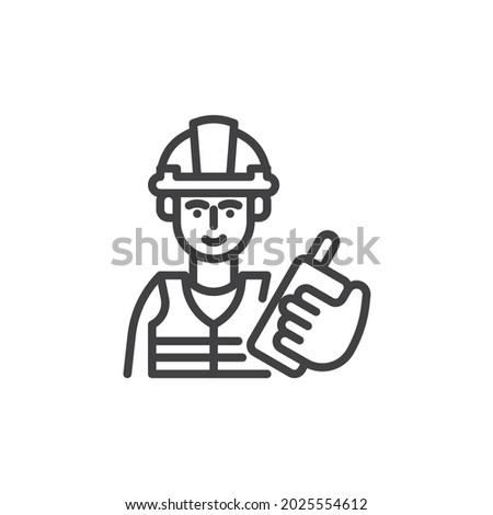 Construction worker with walkie talkie line icon. linear style sign for mobile concept and web design. Worker with wireless radio outline vector icon. Symbol, logo illustration. Vector graphics