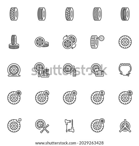 Wheel Repair line icons set. linear style symbols collection, outline signs pack. Tyre repair service vector graphics. Set includes icons as checking tire pressure, puncture car wheel, air compressor