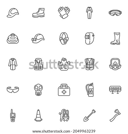Safety equipment line icons set. Mandatory linear style symbols collection, outline signs pack. Safety workwear vector graphics. Set includes icons as protective clothing, work shoe, face mask, helmet Photo stock © 