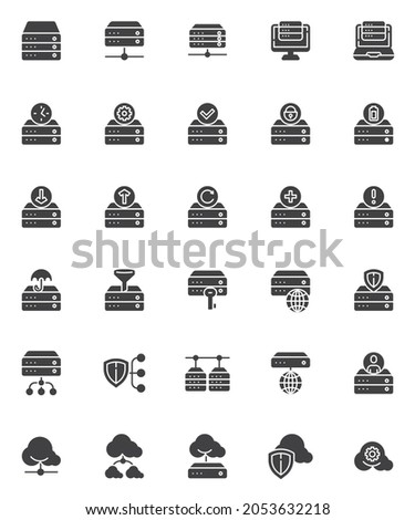 Database system vector icons set, modern solid symbol collection, filled style pictogram pack. Signs, logo illustration. Set includes icons as cloud computing, data storage, database server protection