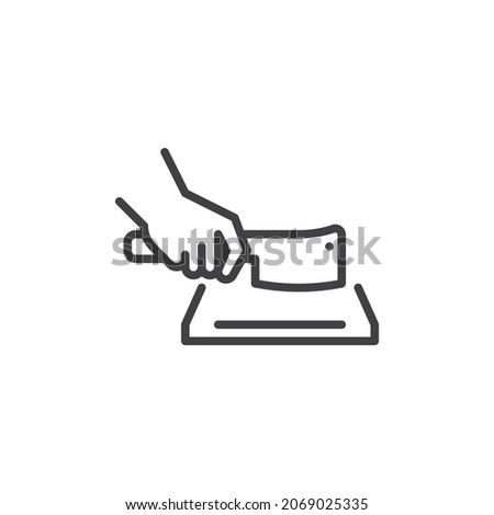 Hand chopping board line icon. linear style sign for mobile concept and web design. Hand with cleaver knife and cutting board outline vector icon. Symbol, logo illustration. Vector graphics