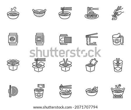 Noodles food line icons set. linear style symbols collection, outline signs pack. Instant noodles vector graphics. Set includes icons as ramen soup, chinese takeaway food, box and chopsticks, wok box