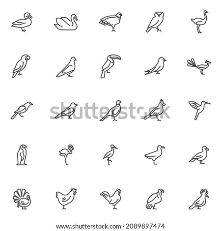 Birds line icons set. linear style symbols collection, outline signs pack. Wildlife birds vector graphics. Set includes icons as eagle, owl, vultures, stork, raven, pheasant, hummingbird, seagull