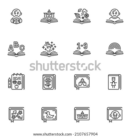 Baby books line icons set, outline vector symbol collection, linear style pictogram pack. Signs, logo illustration. Set includes icons as baby story books, child reading, fantasy tales, alphabet