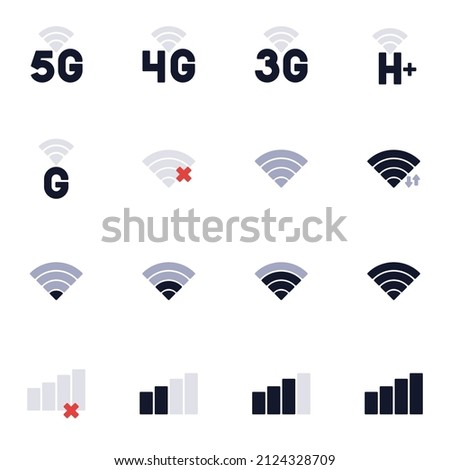 Mobile network signal flat icons set, Colorful symbols pack contains - mobile phone charging battery, wi-fi connection, wireless signal, hotspot, internet. Vector illustration. Flat style design