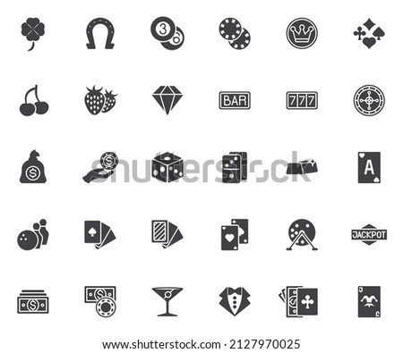 Casino gambling vector icons set, modern solid symbol collection, filled style pictogram pack. Signs, logo illustration. Set includes icons as poker cards, casino slot machine, lucky seven, cash money