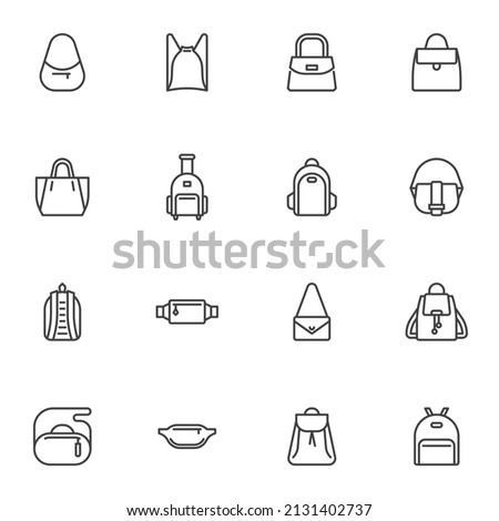 Bag and handbag line icons set, outline vector symbol collection, linear style pictogram pack. Signs, logo illustration. Set includes icons as Backpack, shopping bag, sport rucksack, knapsack, Belt 