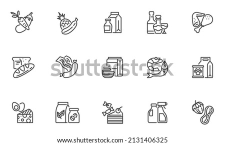 Grocery store line icons set. linear style symbols collection, outline signs pack. Grocery department vector graphics. Set includes icons as fruit and vegetable, dairy products, alcoholic beverages