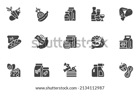 Grocery store vector icons set, modern solid symbol collection, filled style pictogram pack. Signs, logo illustration. Set includes icons as fruit and vegetable, dairy products, alcoholic beverages