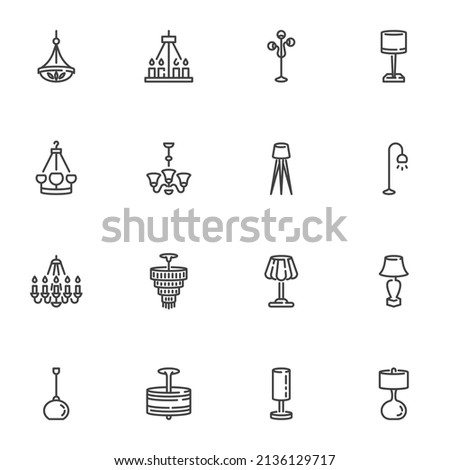 Home lighting line icons set, outline vector symbol collection, linear style pictogram pack. Signs, logo illustration. Set includes icons as table lamp, floor lantern, torchiere, chandelier, candles