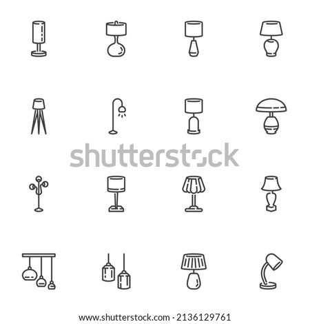 Lamps, lighting line icons set, outline vector symbol collection, linear style pictogram pack. Signs, logo illustration. Set includes icons as floor lantern, torchiere, chandelier, desk lamp