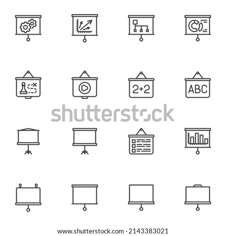 Projector screen line icons set, outline vector symbol collection, linear style pictogram pack. Signs, logo illustration. Set includes icons as billboard, whiteboard, school presentation board