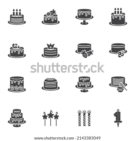 Birthday Cakes vector icons set, modern solid symbol collection, filled style pictogram pack. Signs, logo illustration. Set includes icons as desserts, birthday cake with candles and strawberry