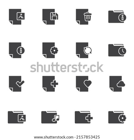 Folders and files vector icons set, modern solid symbol collection, filled style pictogram pack. Signs, logo illustration. Set includes icons as archive folder, document file, music gallery, info