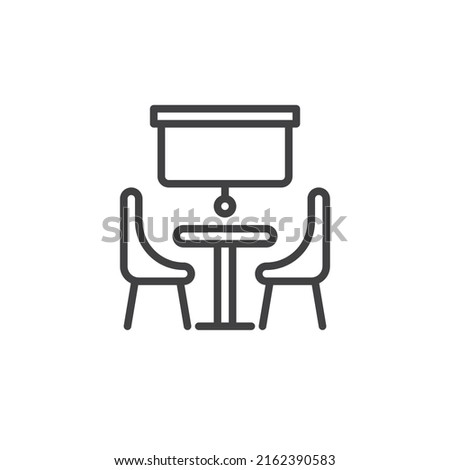 Meeting room line icon. linear style sign for mobile concept and web design. Workplace with desk chair and projector screen outline vector icon. Symbol, logo illustration. Vector graphics