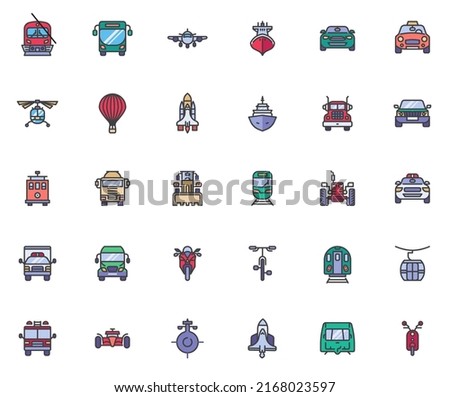 Transportation front filled outline icons set, line vector symbol collection, linear colorful pictogram pack. Signs, logo illustration, Set includes icons as sport car, construction truck, vehicle