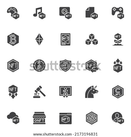 NFT blockchain vector icons set, non fungible token modern solid symbol collection, filled style pictogram pack. Signs, logo illustration. Set includes icons as nft art, music, video, copyright