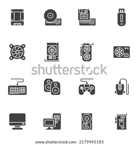 Computer hardware vector icons set, modern solid symbol collection, filled style pictogram pack. Signs, logo illustration. Set includes icons as desktop computer monitor, hdd, keyboard, power supply